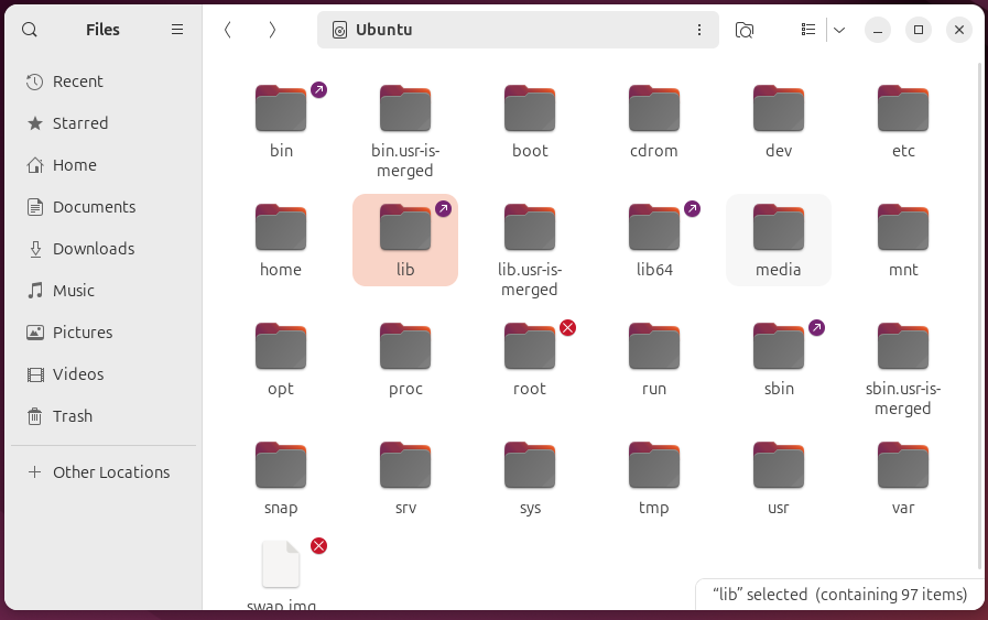 The root directory in a file browser on Ubuntu Linux.