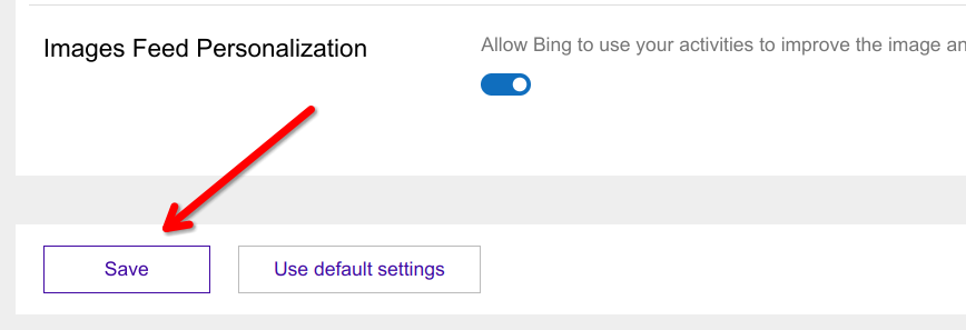 The 'Save' button in Bing settings highlighted by a red arrow.