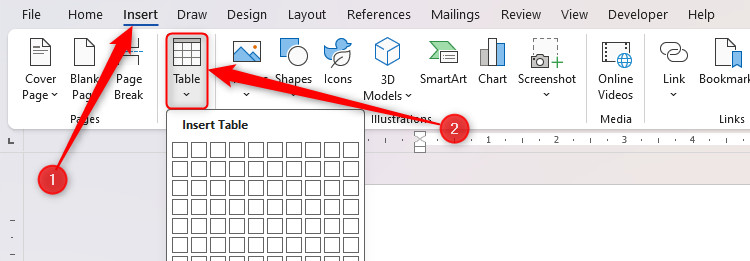 The Table drop-down in the Insert tab on the ribbon in Microsoft Word.-1