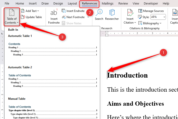 The Table of Contents drop-down menu in the References tab in Microsoft Word is expanded.