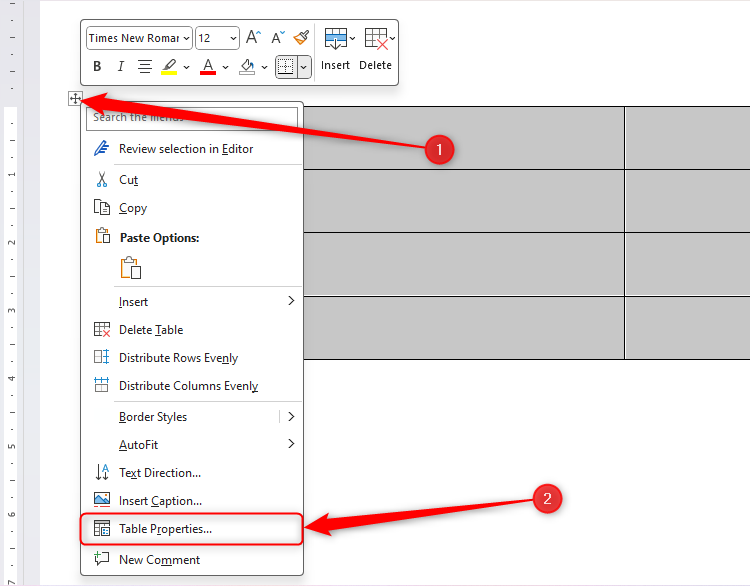 The Table Properties button in Microsoft Word, accessed by right-clicking the table crosshairs.