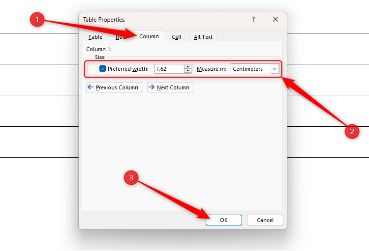 The Table Properties dialog box in Microsoft Word, with the Column tab opened, and the size settings adjusted.