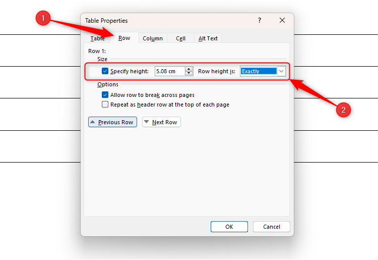 The Table Properties dialog box in Microsoft Word, with the Row tab opened, and the Size properties adjusted.