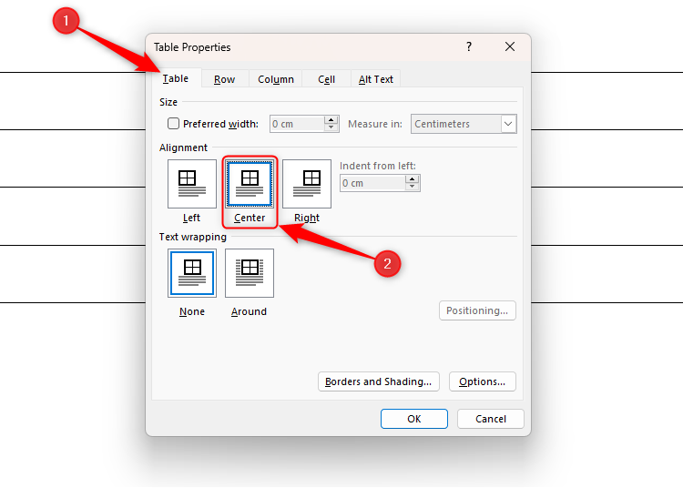 The Table Properties dialog box in Microsoft Word, with the Table tab opened, and Center Alignment selected.