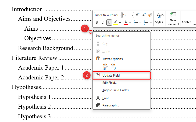 The Update Field option on a table of contents in Microsoft Word.