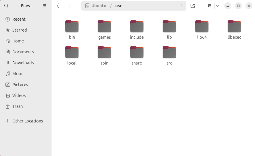 The usr directory in a file browser on Ubuntu Linux.
