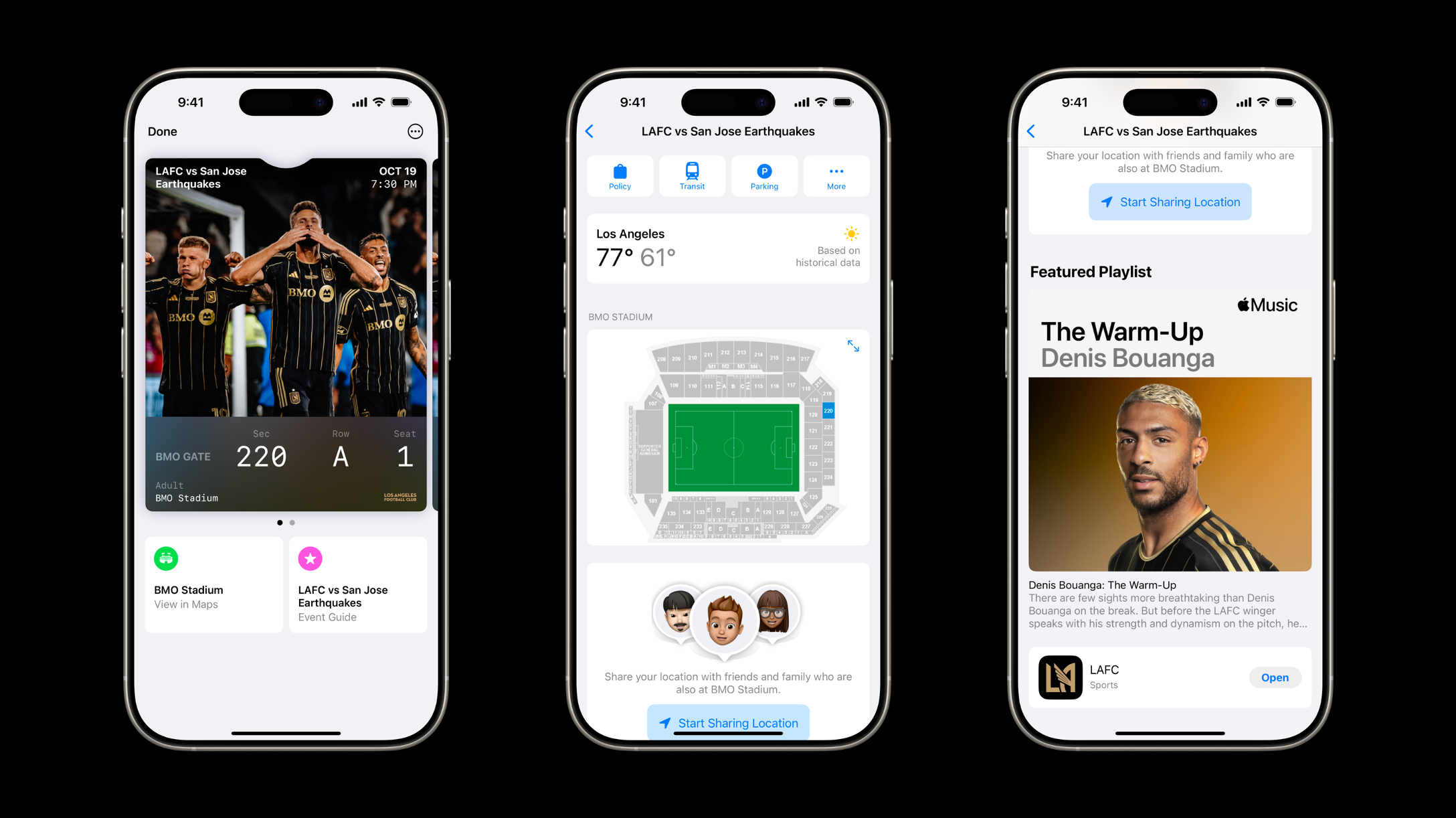 Three iPhone screenshots showcasing Ticketmaster's upgraded event tickets in the Wallet app.