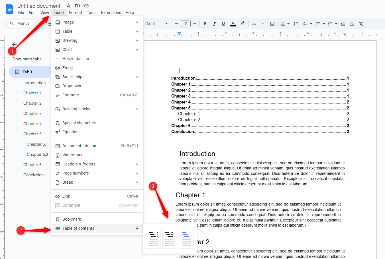 Google Docs with the Insert menu and Table of contents sub-menu opened in order to add a table of contents