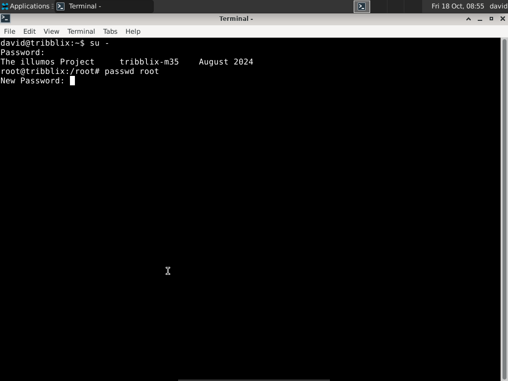 Running the passwd command in Tribblix in the Xfce terminal.