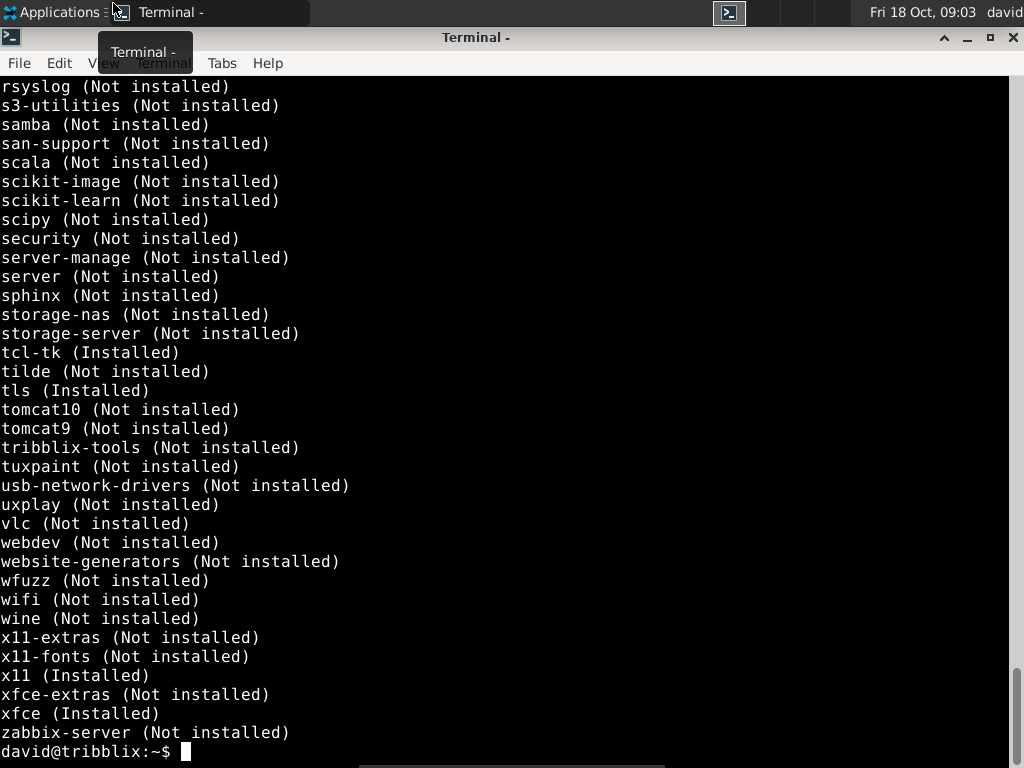 The output of the "zap list-overlays" command in the Tribblix Xfce terminal.