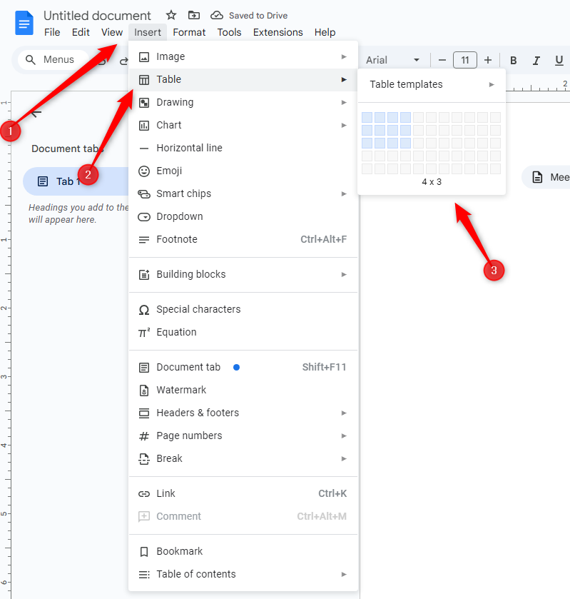 Google Docs with the Insert menu and Table sub-menu opened in order to add a table.