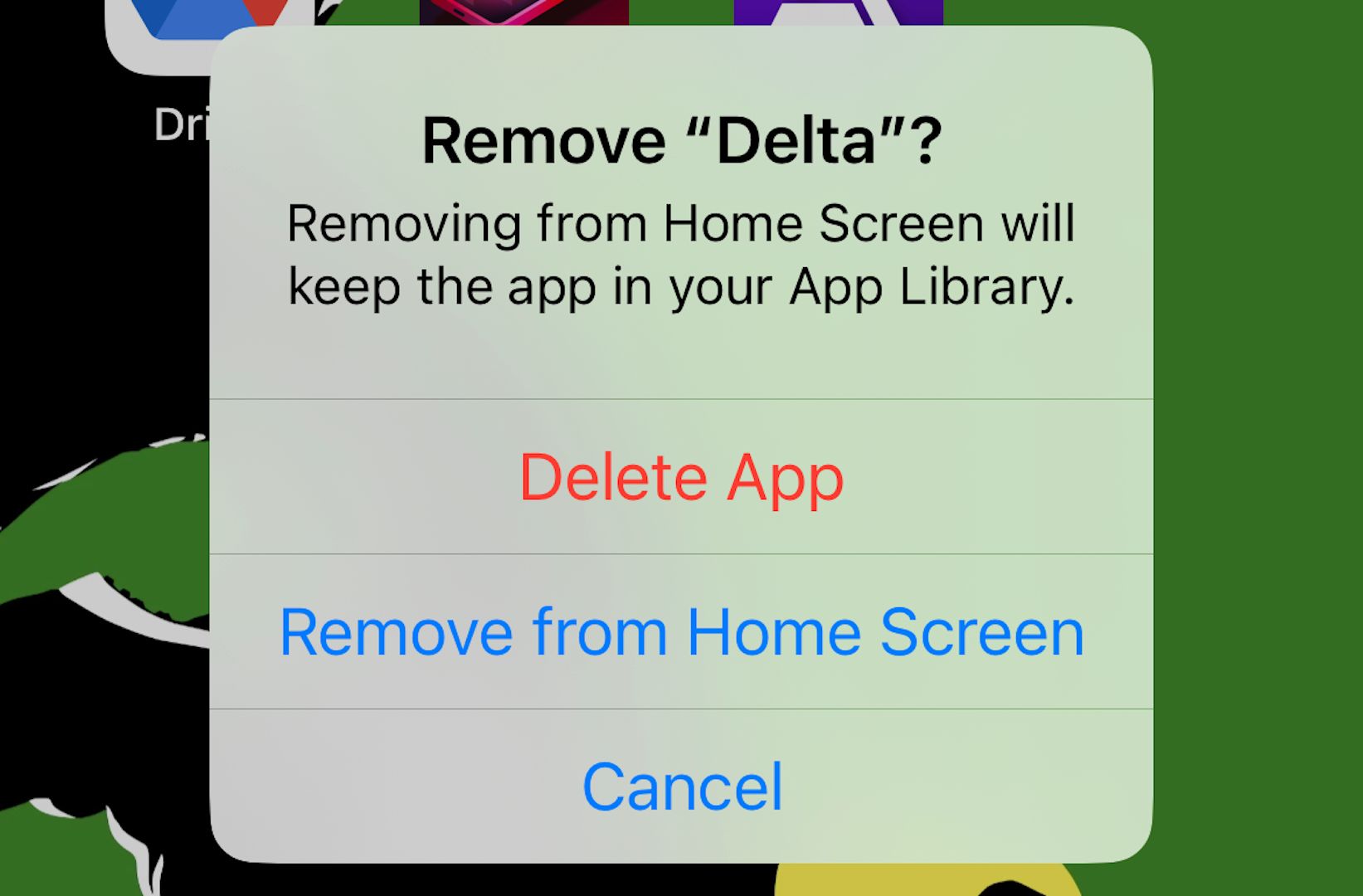 Choosing Remove from Home Screen to hide an app on the iPhone.