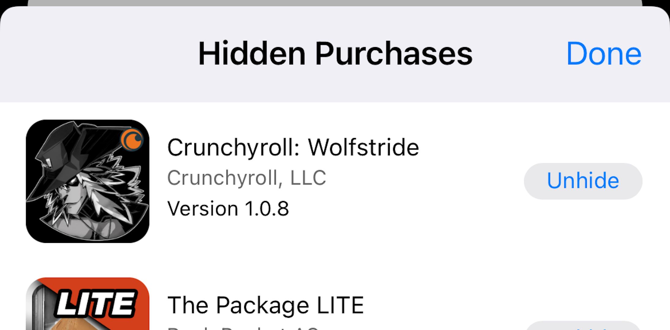 A list of hidden App Store purchases with an Unhide button next to each entry.