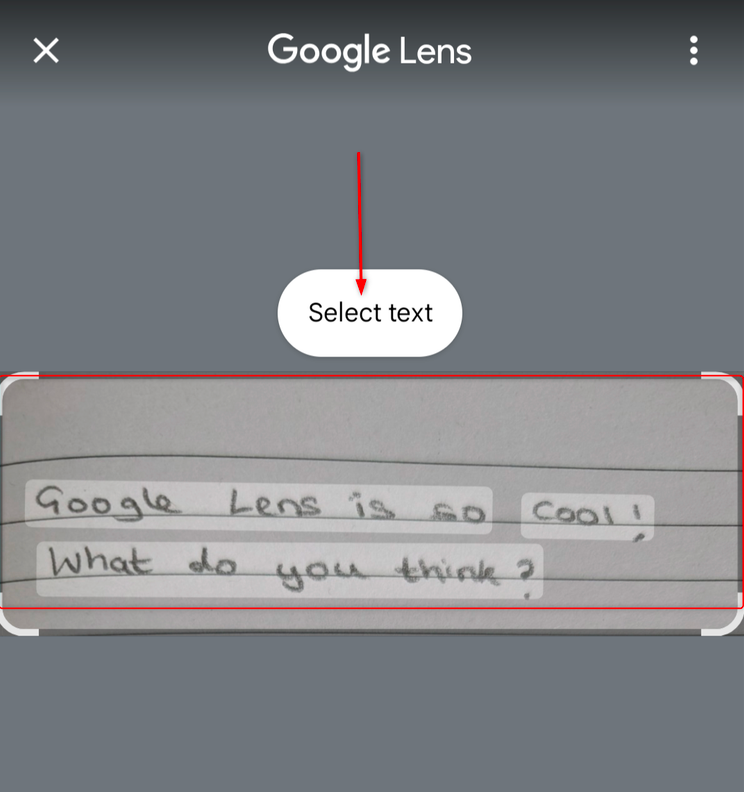 Text selected from handwritten note searched on Google Lens