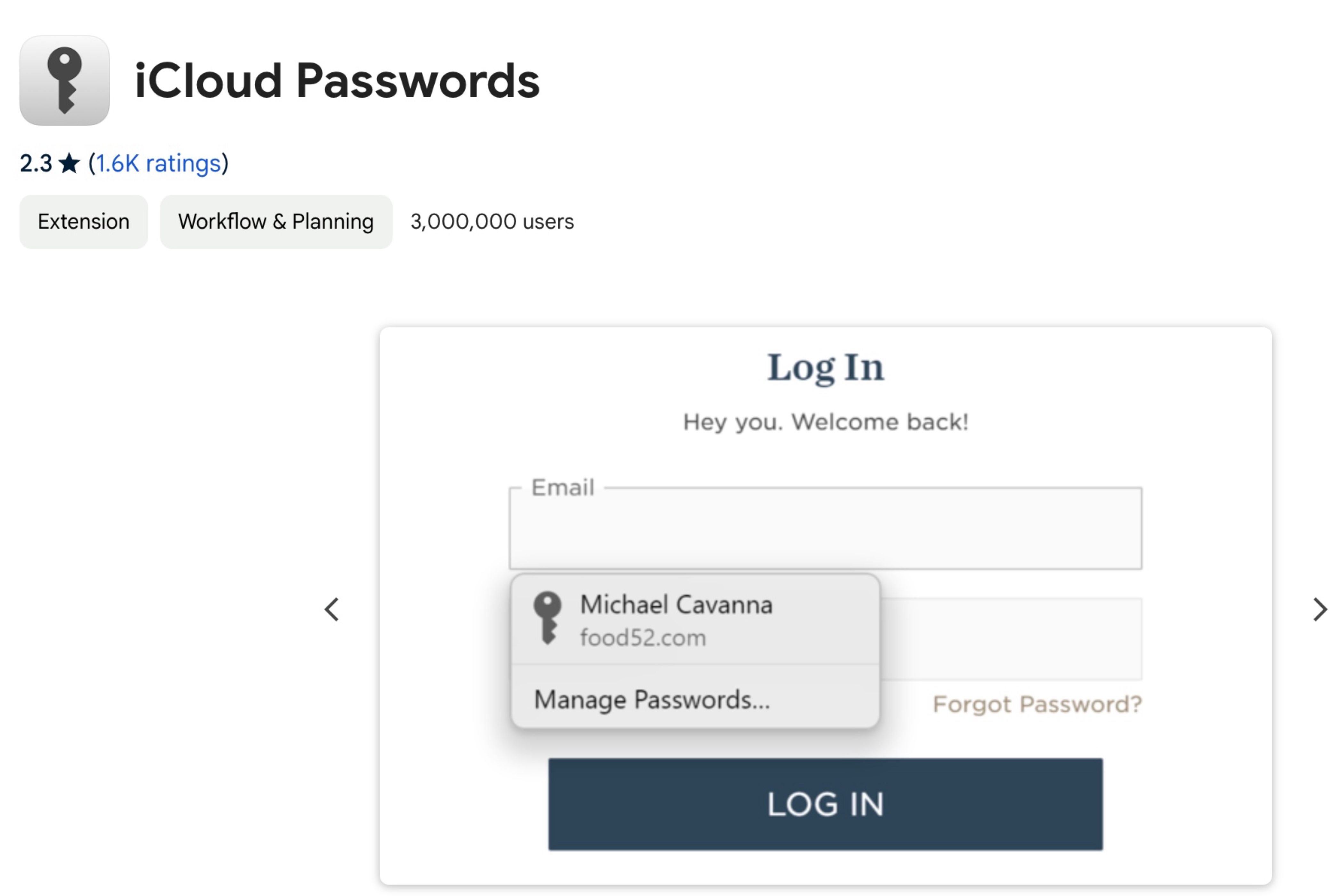 iCloud Passwords extension in Chrome Web Store ready for download.