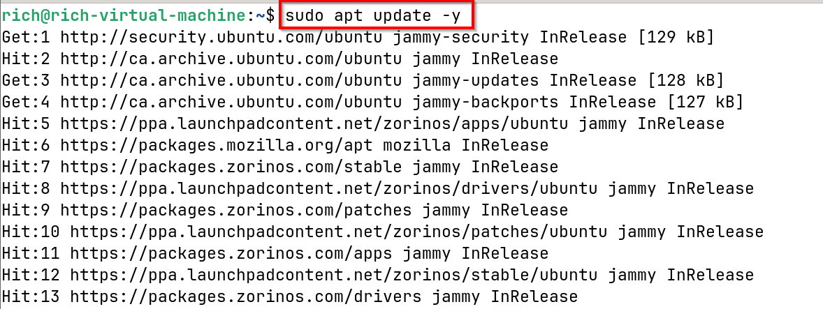 Using apt update to update package lists in Linux.