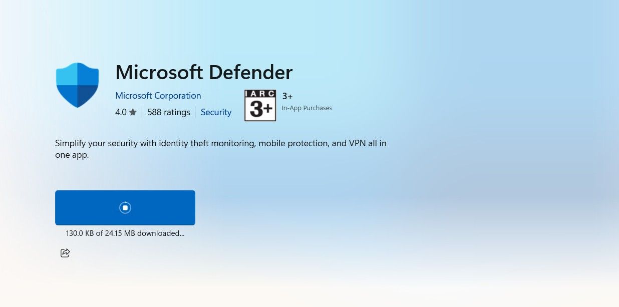 A screen showing an update for Windows Defender on Windows 11.