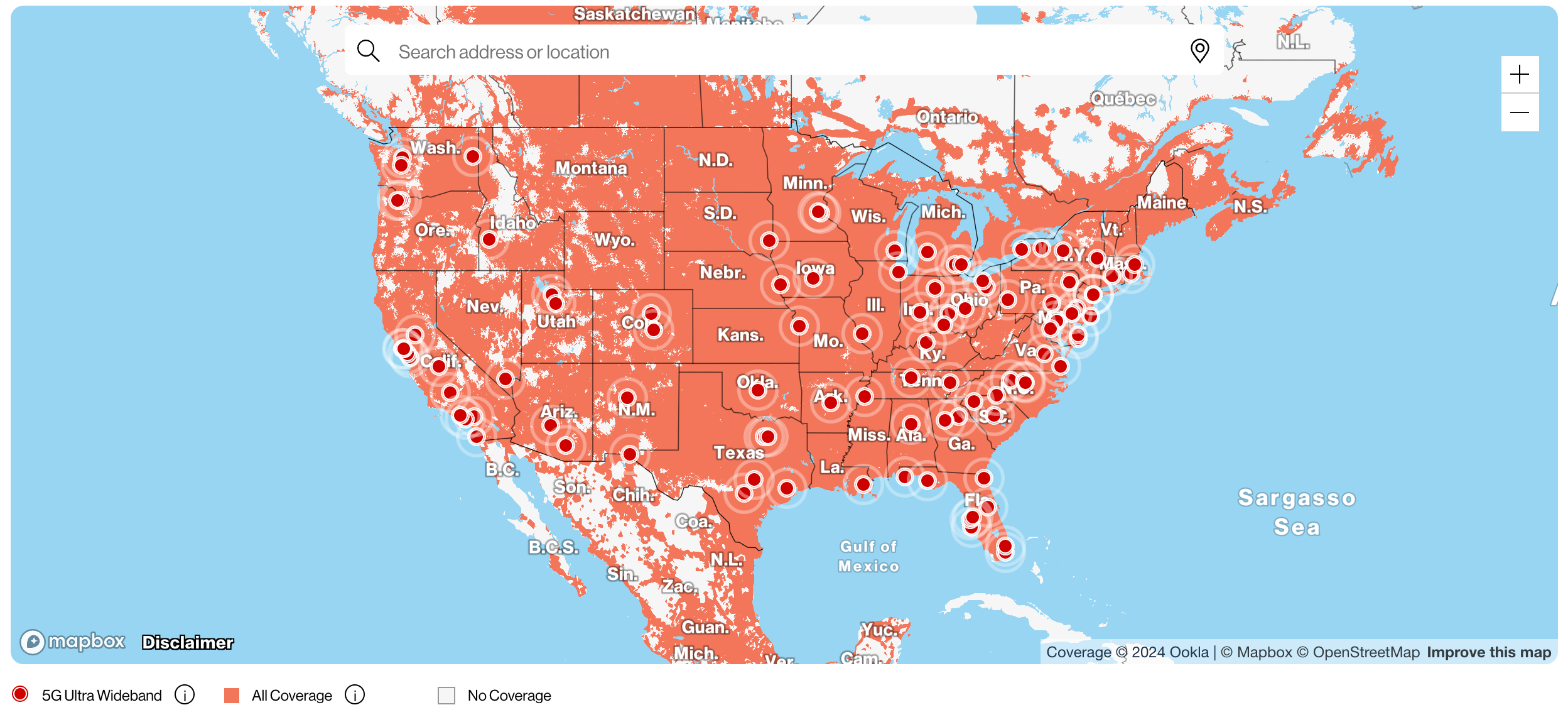 Verizon coverage map of the U.S. displaying 5G and LTE coverage.