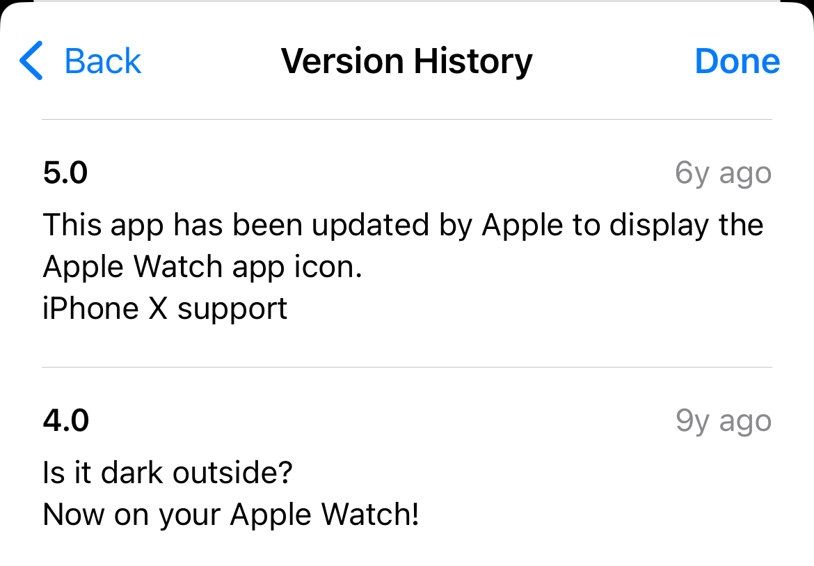 Viewing an app's version history in the App Store on an iPhone.