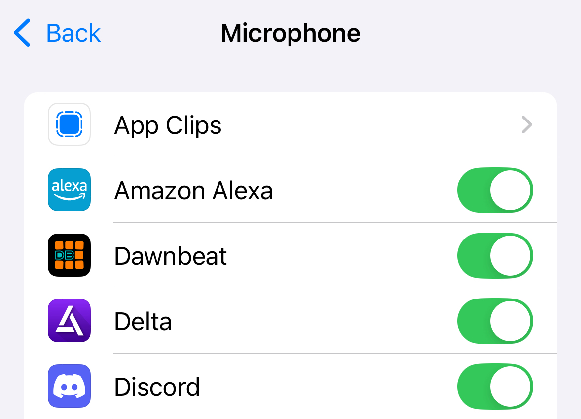 Viewing apps that have access to the microphone on an iPhone.