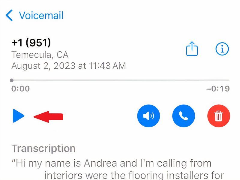 Tap play to hear a voicemail on your iPhone.