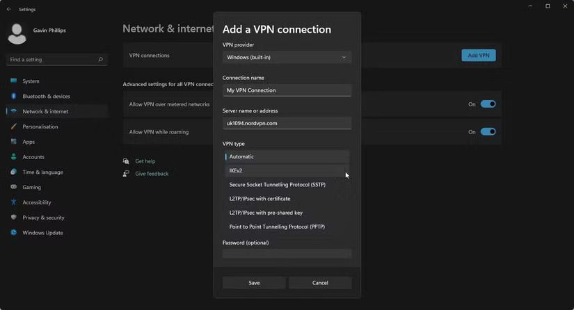 Manually adding a VPN details in the Windows settings.