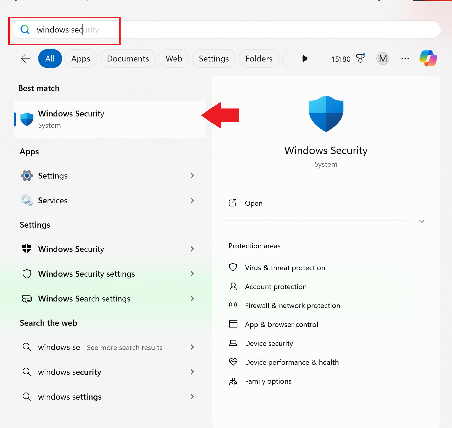 Search Windows Sec, then click "Windows Security" in the search results. 