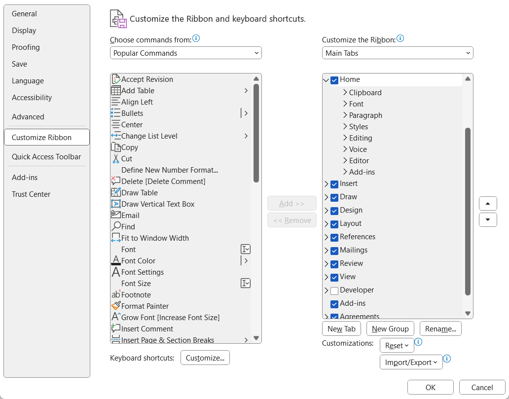 The 'Word Options' menu in Microsoft Word.