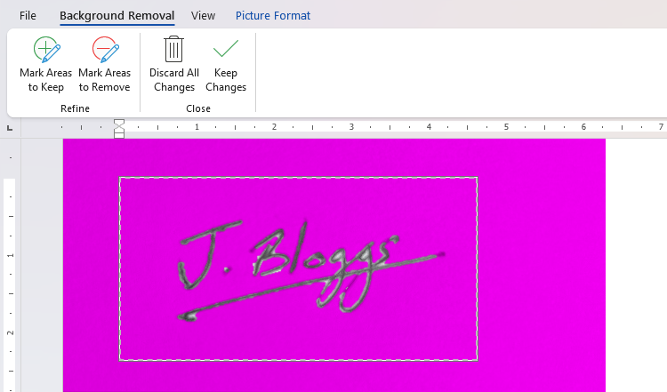 Word's Background Removal tool being used on an uploaded signature.