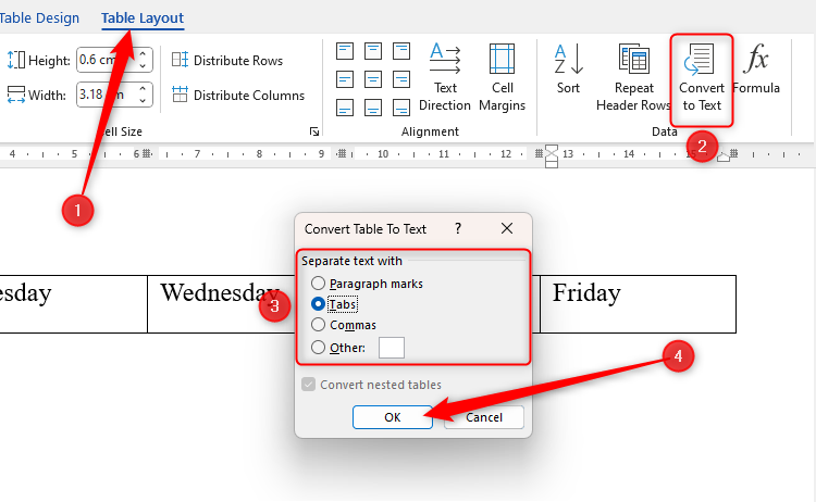 Word's Convert Table To Text dialog box, accessed through the Table Layout tab on the ribbon.