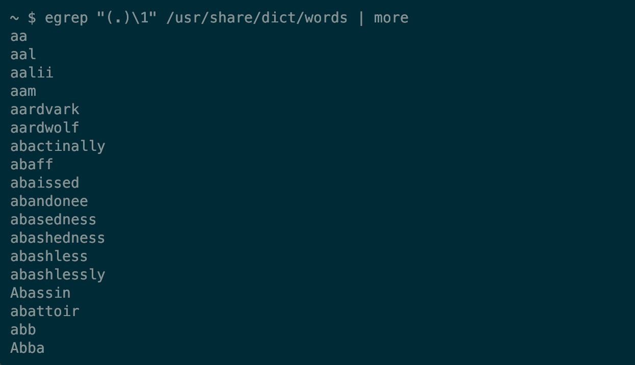 Output from a grep command showing words with double letters in the Linux dictionary file.