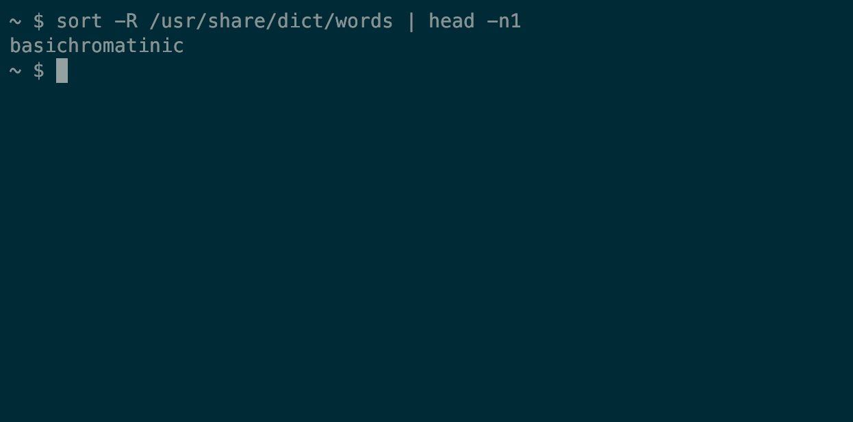 A Linux pipeline using sort and head to get a random word from the dictionary.