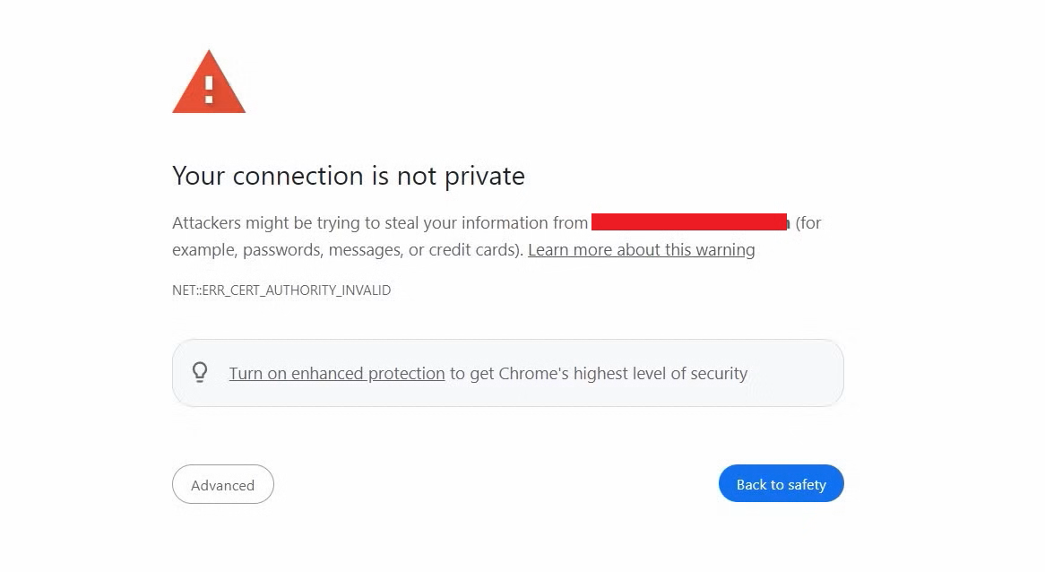 Your connection is not private message on Chrome.