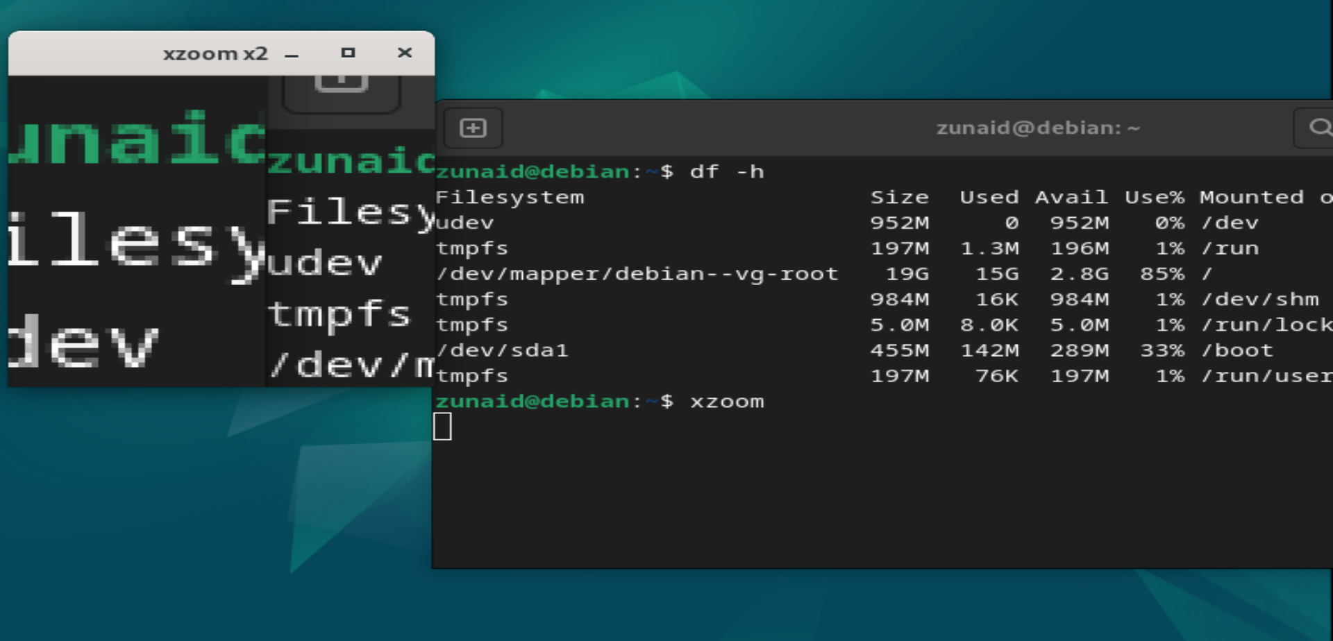 Zooming the Linux terminal using the xzoom tool.