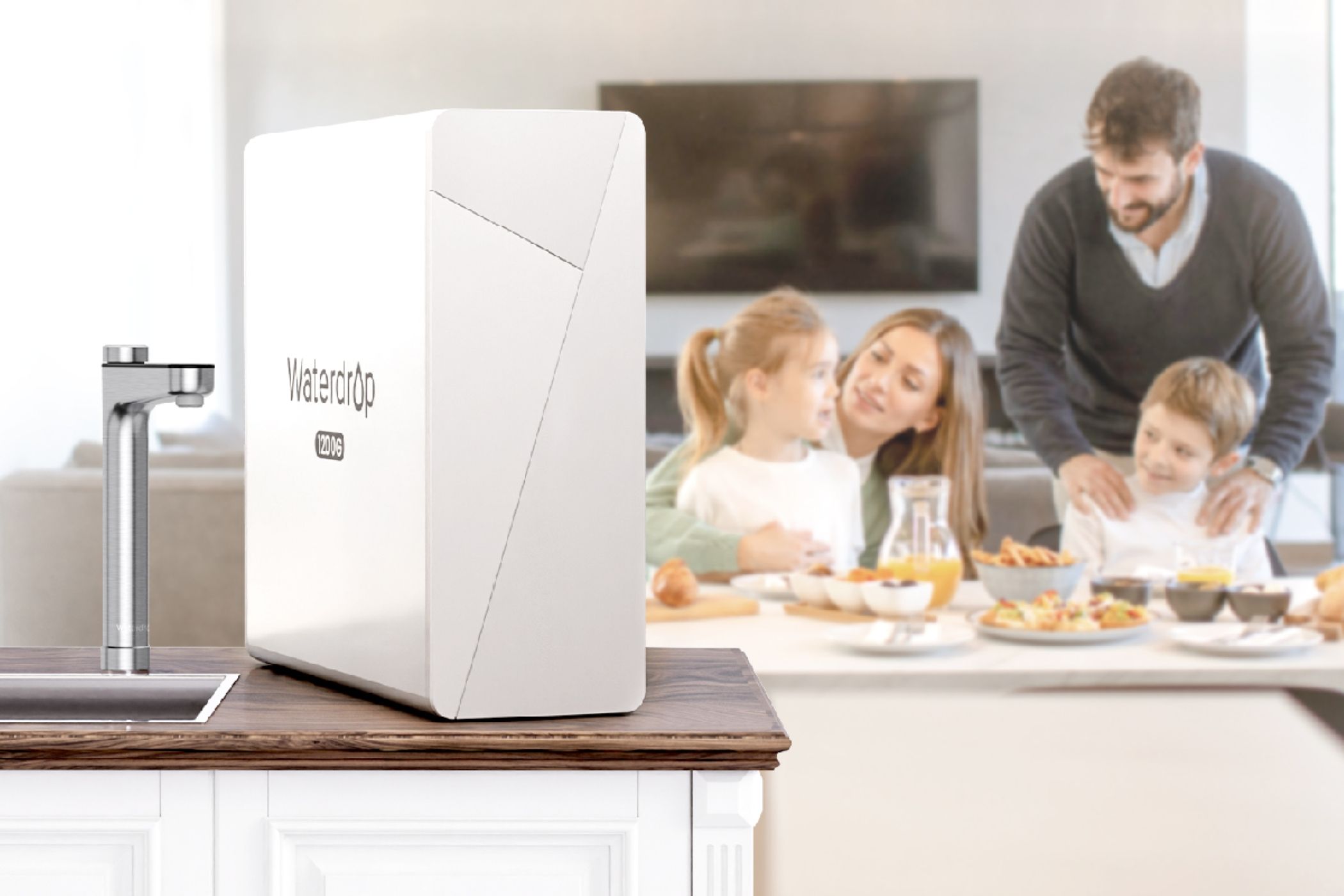 Waterdrop X12 on a Kitchen Counter With its Smart Faucet