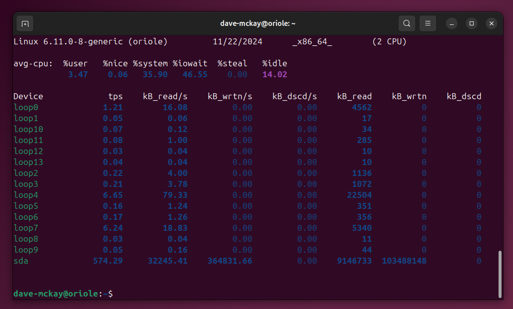 The output from the iostat command with no command line options.