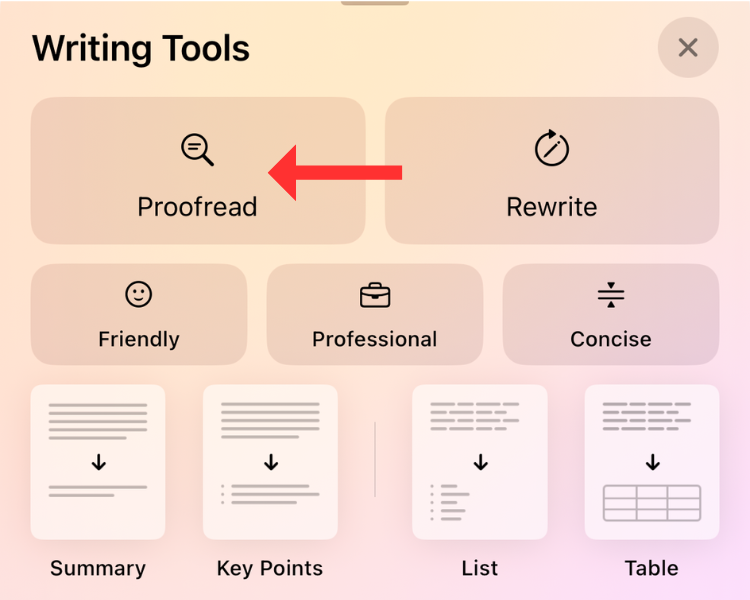 Screenshot of the Writing Tools menu on iOS 18.1 with an arrow next to the Proofread option.