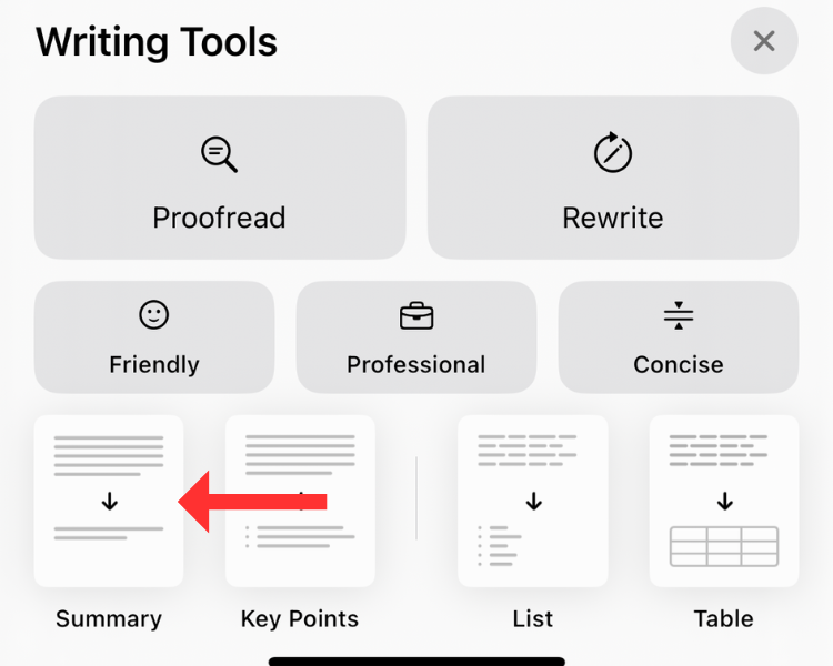 Screenshot of the Writing Tools feature with an arrow next to the Summary option.