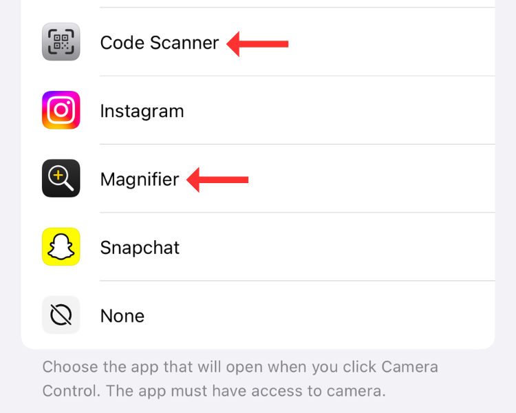 Screenshot of the Camera Control settings menu with arrows next to the Magnifier and Code Scanner options.