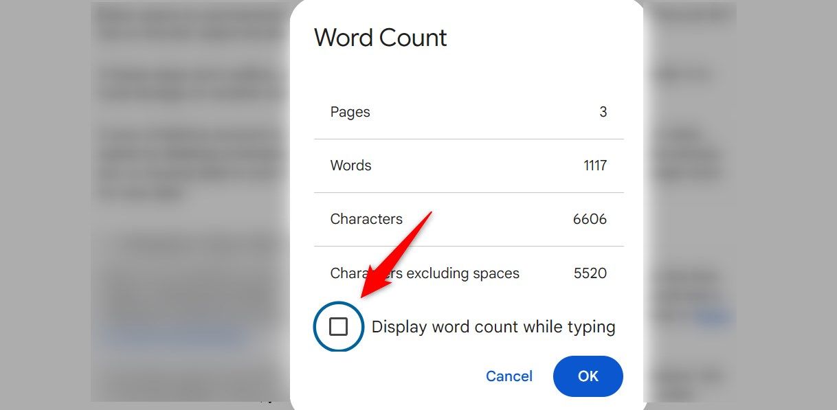 Displaying word count while typing in Google Docs.