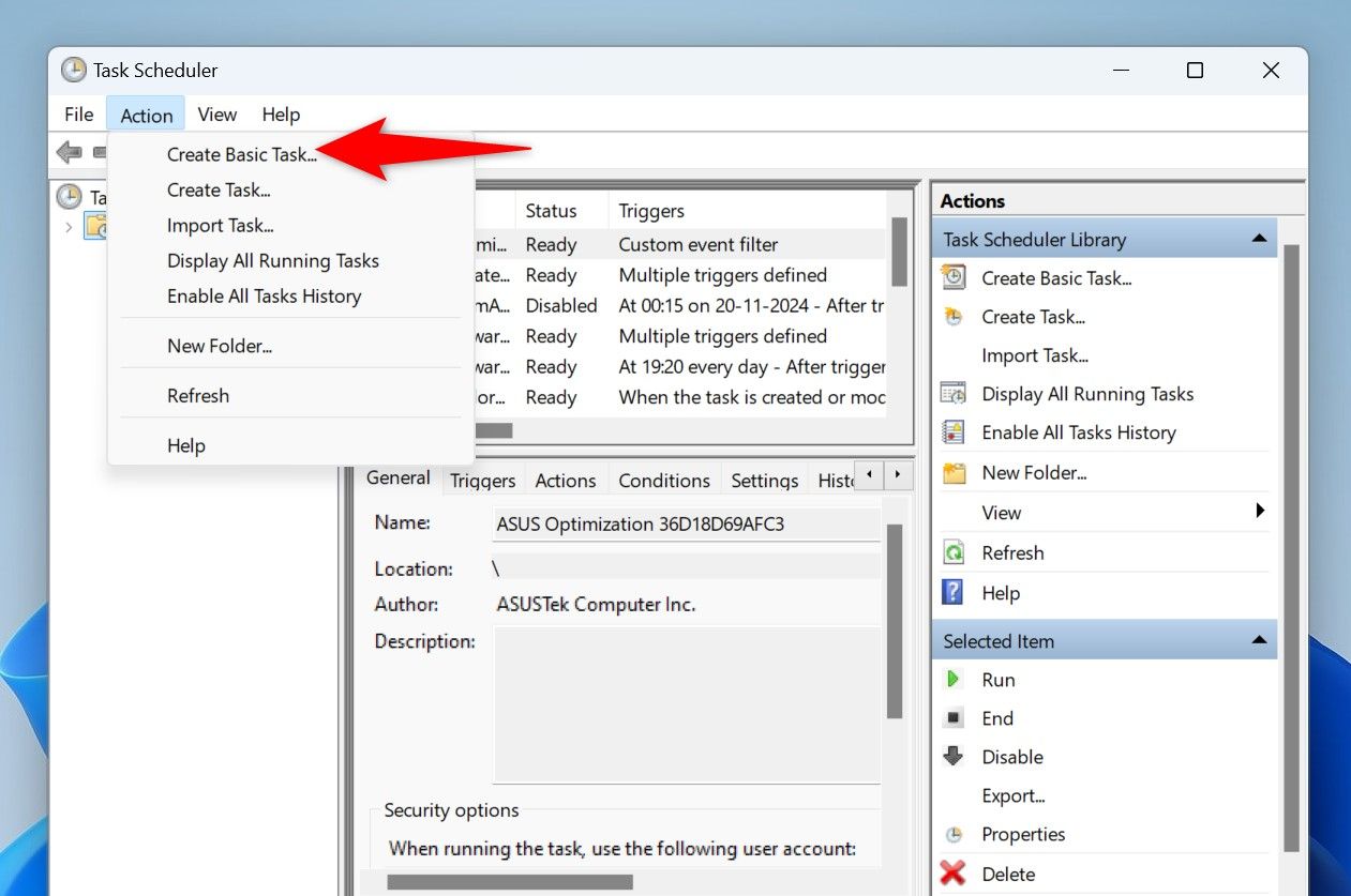 Action > Create Basic Task highlighted in Task Scheduler.