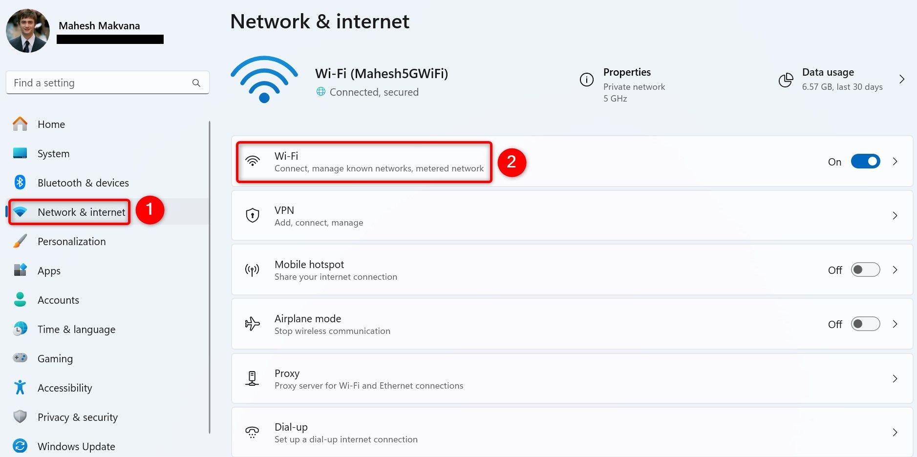 "Network & Internet" and "Wi-Fi" highlighted in Settings.