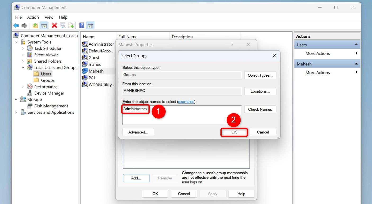 "Administrators" and "OK" highlighted in Computer Management.