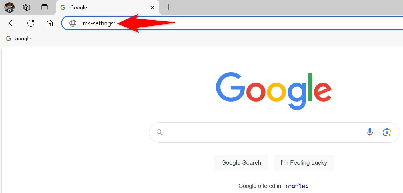 "мс-настройки:" набран в адресной строке Microsoft Edge.