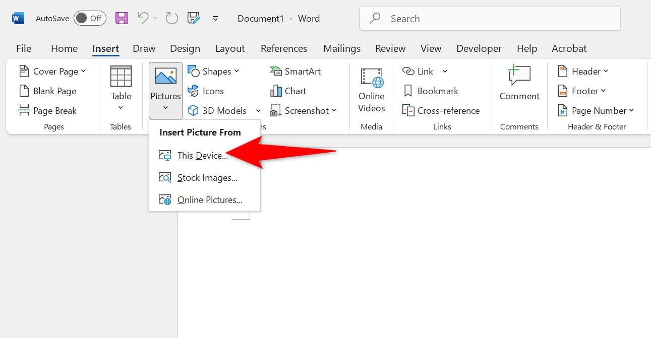 Insert > Pictures > From This Device highlighted in Word.