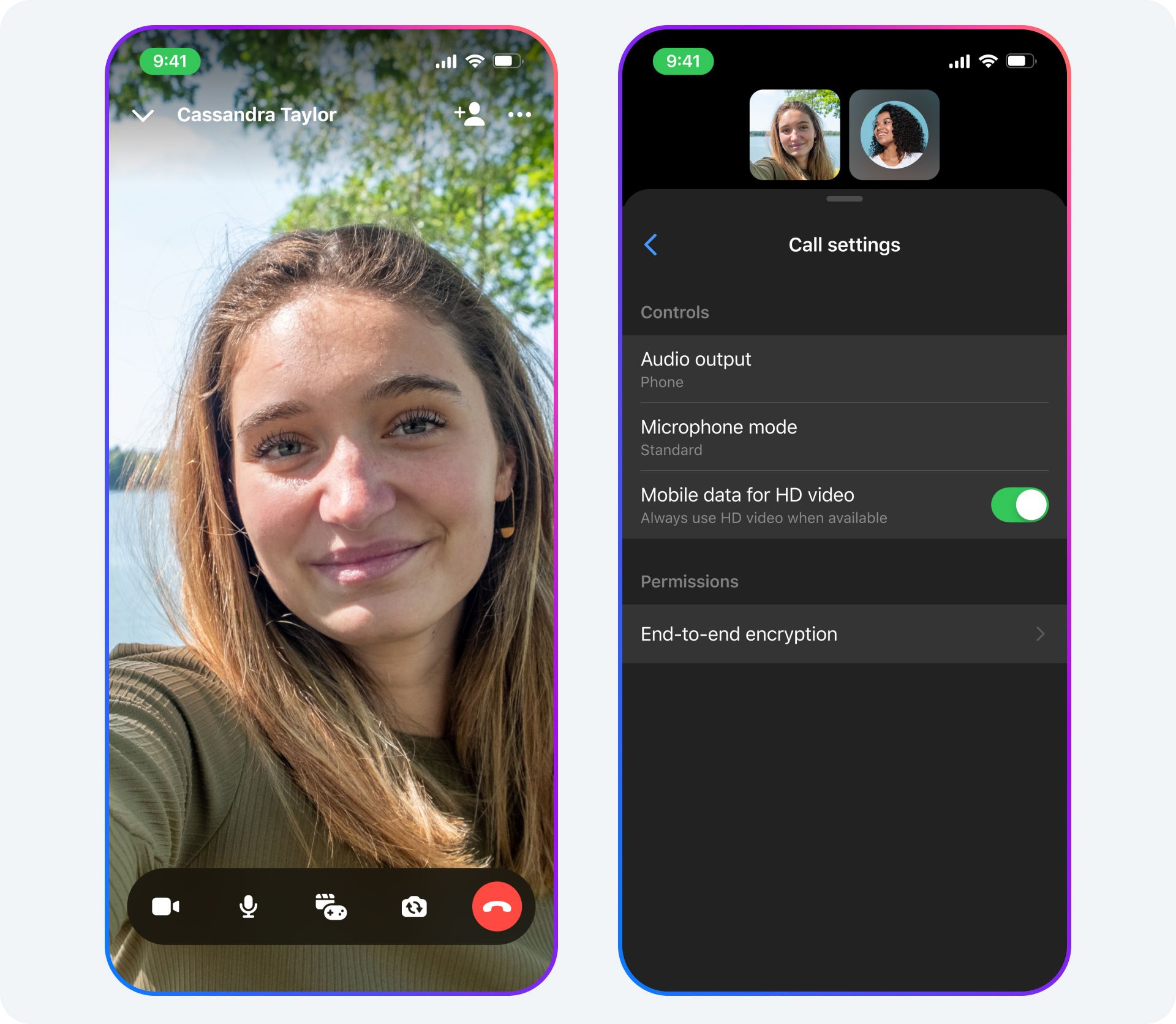 A split-screen showing a video call interface with a smiling woman outdoors on the left and call settings on the right.