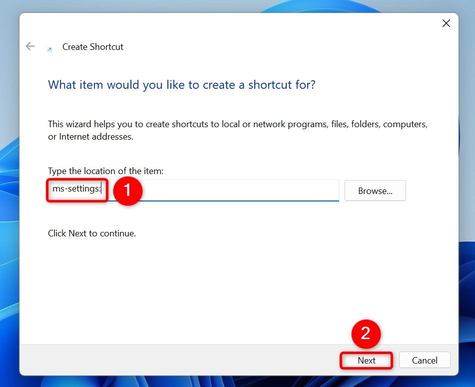 «ms-settings:» введено в качестве местоположения ярлыка на рабочем столе.