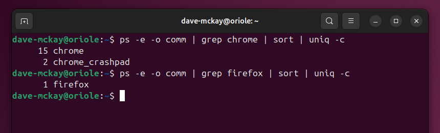 Using four piped commands, ps, grep, sort and uniq, to obain a count of the unique process names matching a search clue.