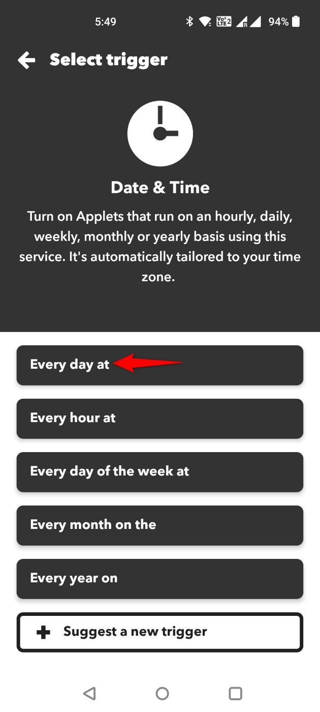 "Every Day At" highlighted in IFTTT.