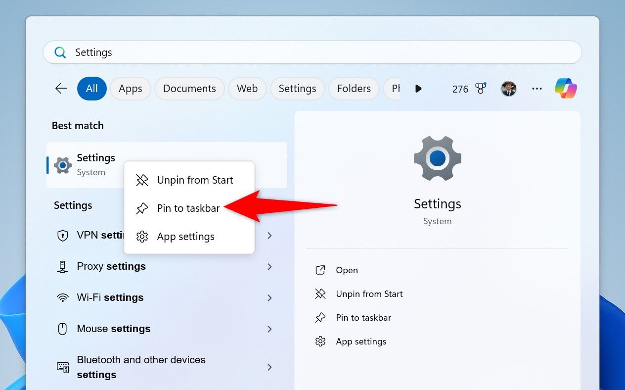 «Закрепить на панели задач» выделено для настроек в поиске Windows.